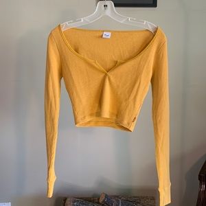 Aritzia, TNA mustard yellow, crop waffle scoop neck